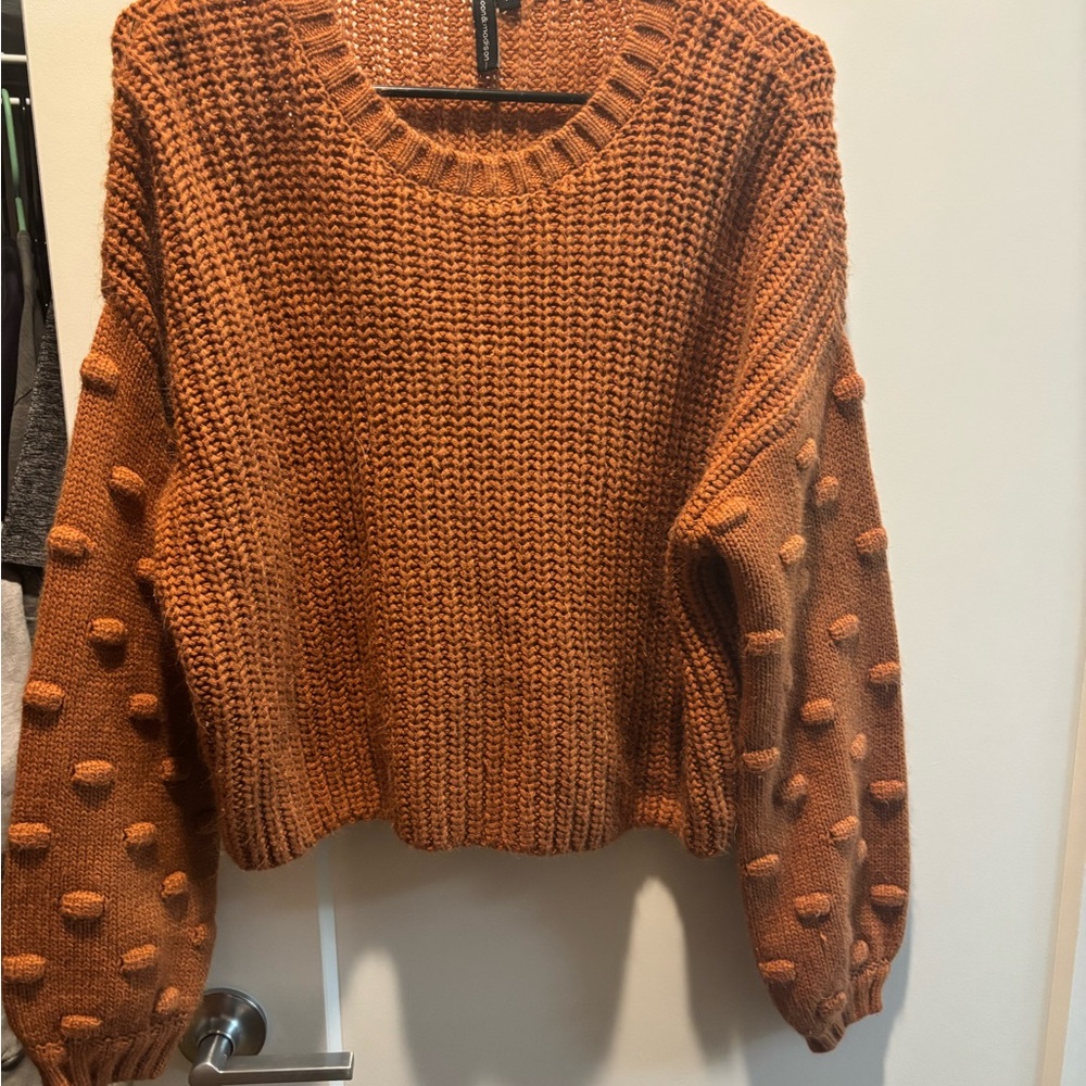 moon & madison Pom-Pom Sleeve Crew Sweater - Rust